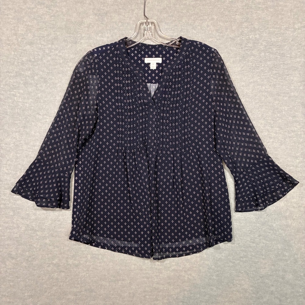 Charter Club Petite Navy Blue Pintuck Bell Sleeve Blouse PS